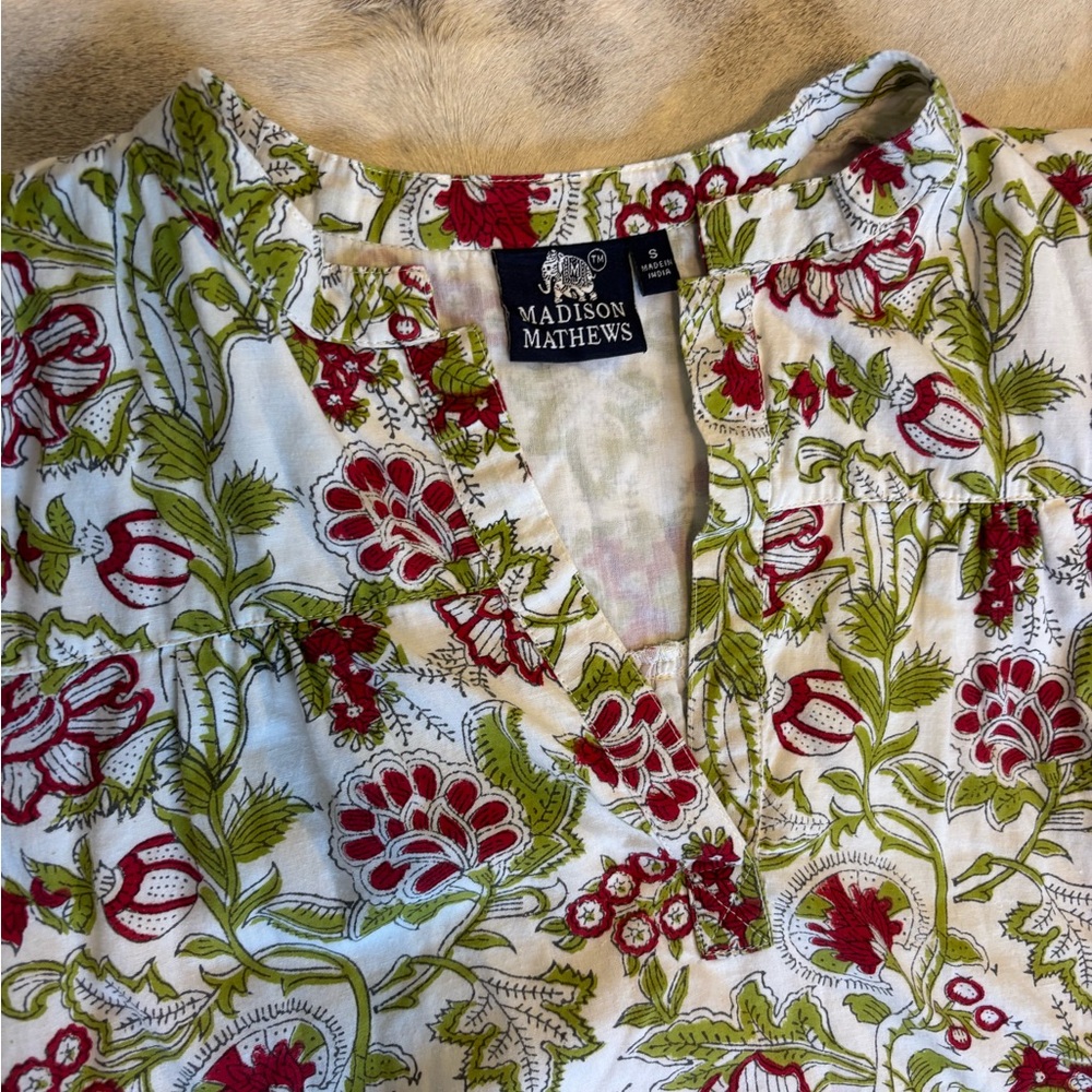 Madison Mathews Floral Print Cotton Midi Dress in White, Red & Green - Picture 3 of 5